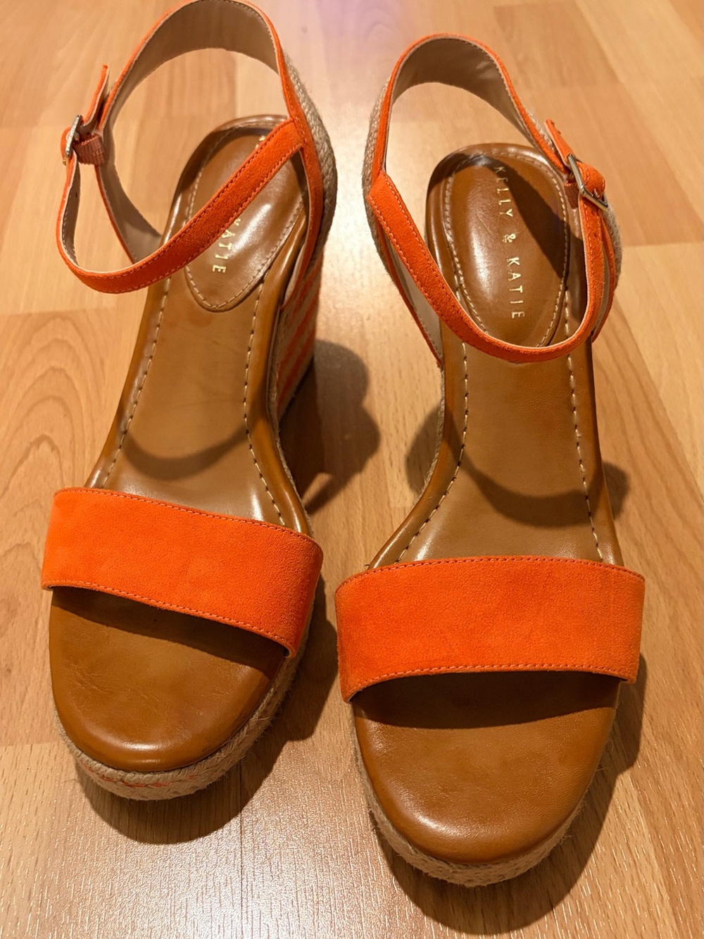 Kelly & Katie Orange Suede Ankle-Strap Wedge Sandals